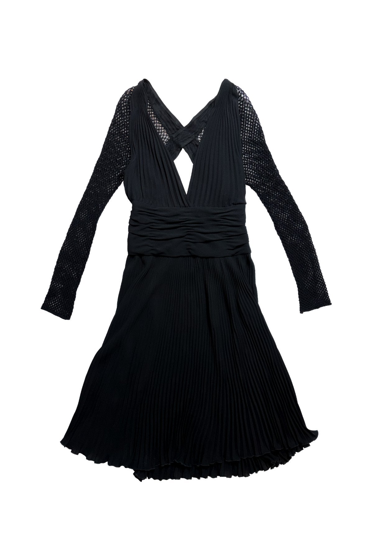 Valentino Black Pleated Mesh-Sleeve Dress