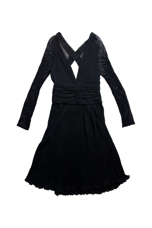 Valentino Black Pleated Mesh-Sleeve Dress