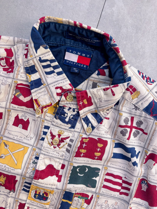 Tommy Hilfiger vintage nautical flags AOP button-down shirt multicolor cotton size M, 90s