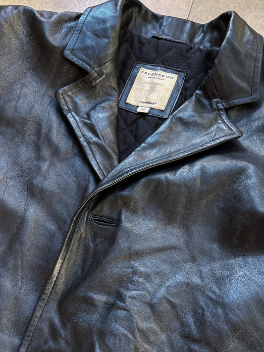 Freeheron vintage leather car coat black size 50 IT 90s single-breasted