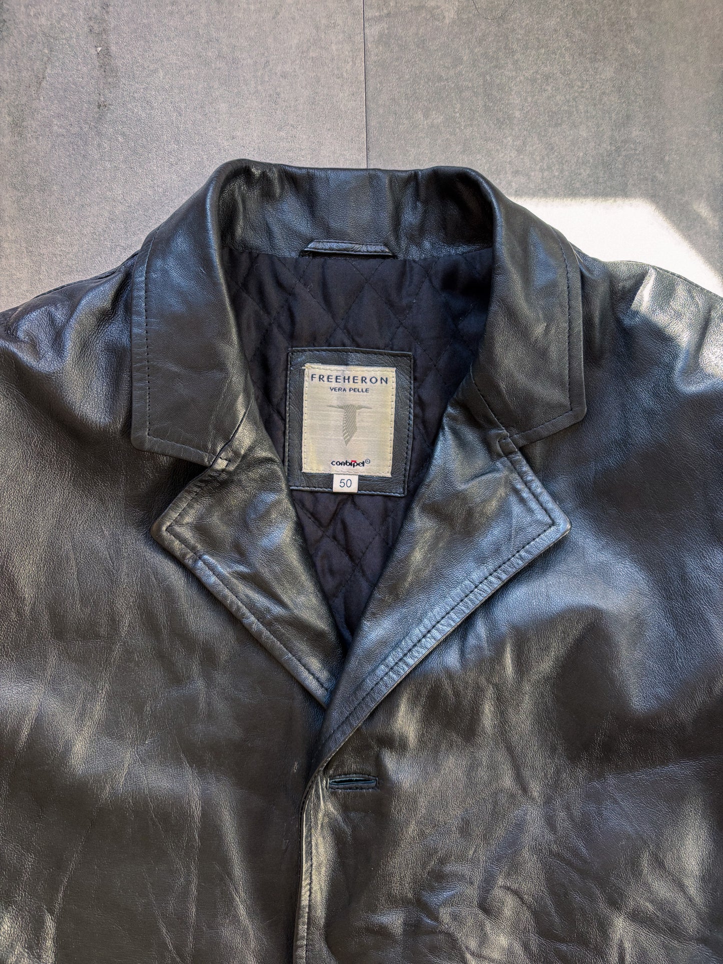Freeheron vintage leather car coat black size 50 IT 90s single-breasted