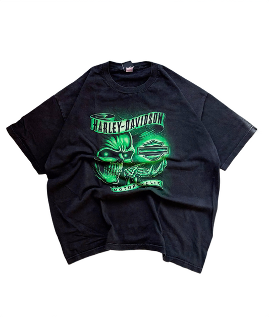 Vintage Harley‑Davidson T‑shirt – Green Skull / Grim Reaper graphic – Bravado Tag [L]