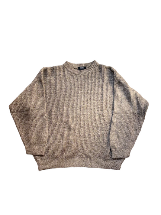 Hugo Boss vintage chunky knit jumper crewneck taupe melange, oversized fit [XL]