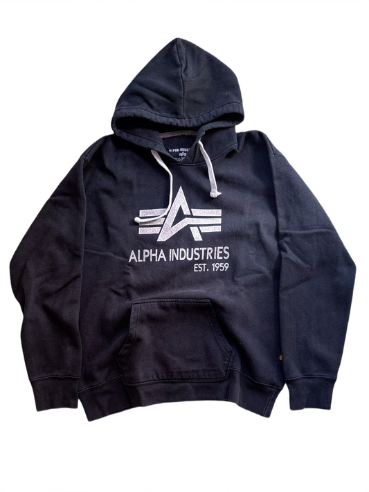 Alpha Industries logo hoodie black pullover kangaroo pocket size 3XL
