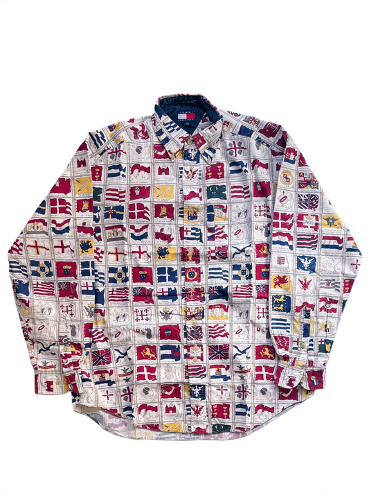 Tommy Hilfiger vintage nautical flags AOP button-down shirt multicolor cotton size M, 90s