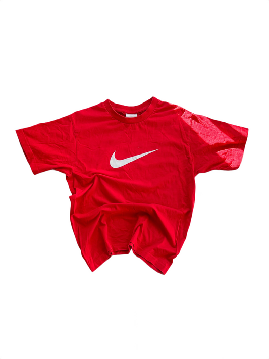 Nike Red Organic Cotton T‑Shirt – White Swoosh Logo – Tagged L (Fits S) Y2K [S (tag L)]