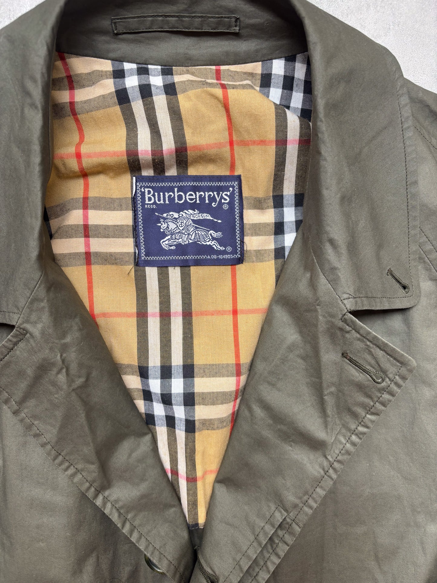 Burberrys vintage olive trench coat single-breasted check lining size 52, 90s [52 (XL)]