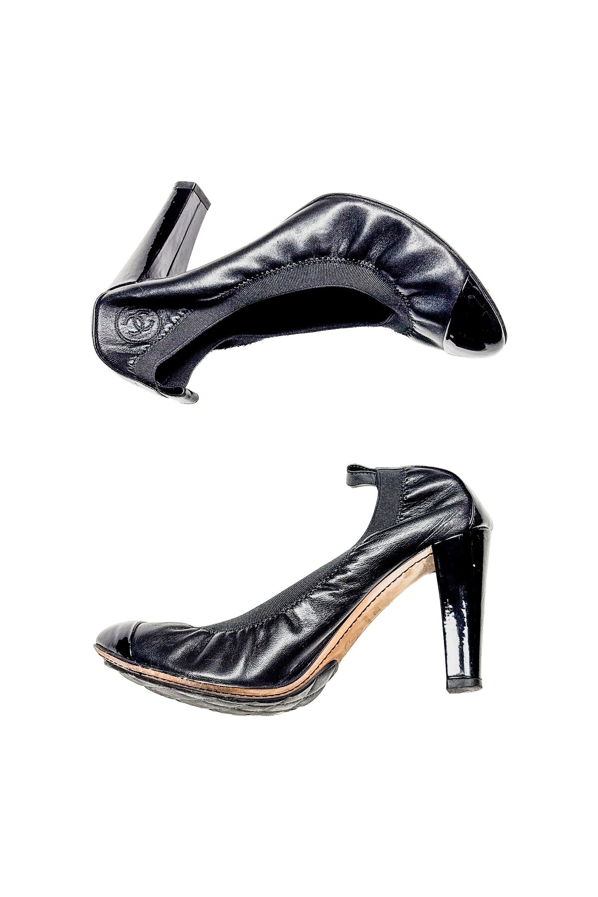 Chanel Black Leather Cap-Toe Pumps, view 3