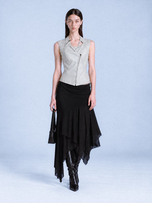 Grey Leather Zip Vest